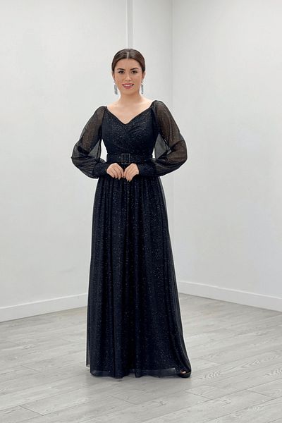 giyimmasalı Glitter Fabric Belted Evening Dress - Black