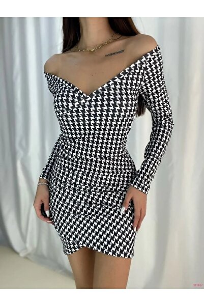 sarebutik Houndstooth Pattern Double Breasted Collar Long Sleeve Stretchy Crepe Fabric Mini Dress