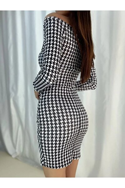 sarebutik Houndstooth Pattern Double Breasted Collar Long Sleeve Stretchy Crepe Fabric Mini Dress