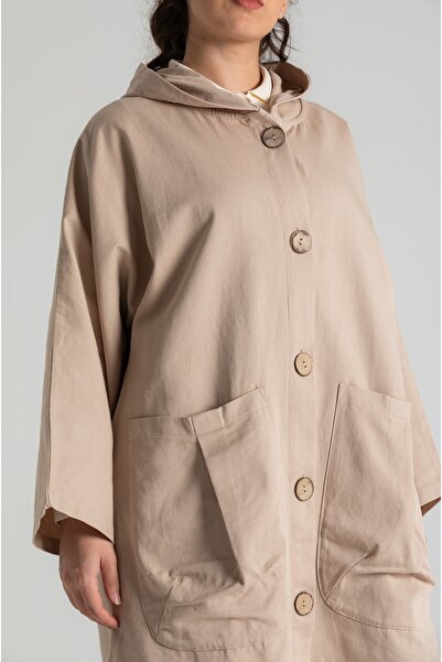 RUBYSTARS Taş Salaş Kesim Büyük Cep Ve Düğme Detaylı %100 Pamuk Kapüşonlu Oversize Trençkot