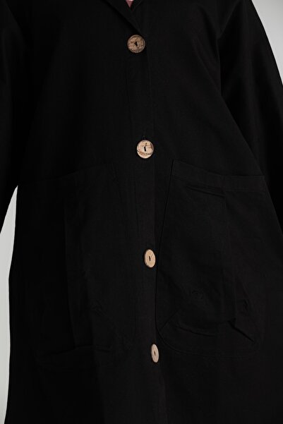 RUBYSTARS Siyah Salaş Kesim Büyük Cep Ve Düğme Detaylı %100 Pamuk Kapüşonlu Oversize Trençkot