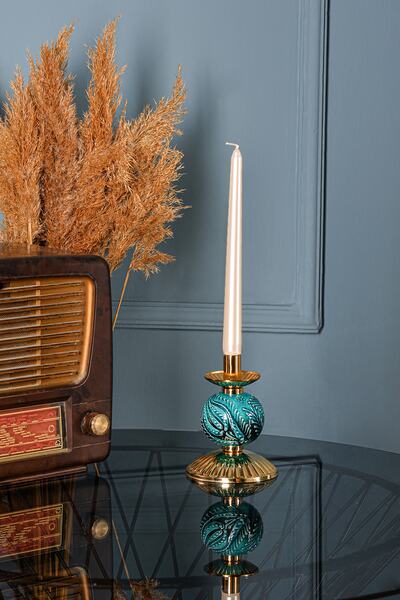 DEDE Tekli Yeşil Çinili Mumluk Gold Dekoratif Eşya