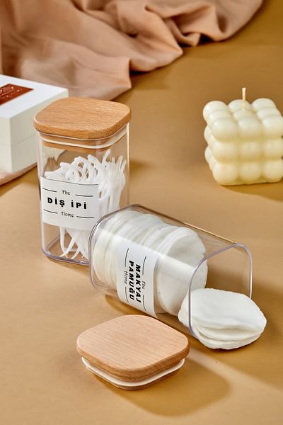 FBZhome 2-Piece Decorative Make-up Cotton & Floss Organizer with Wooden Lid 250 Ml Acrylic Cotton Holder