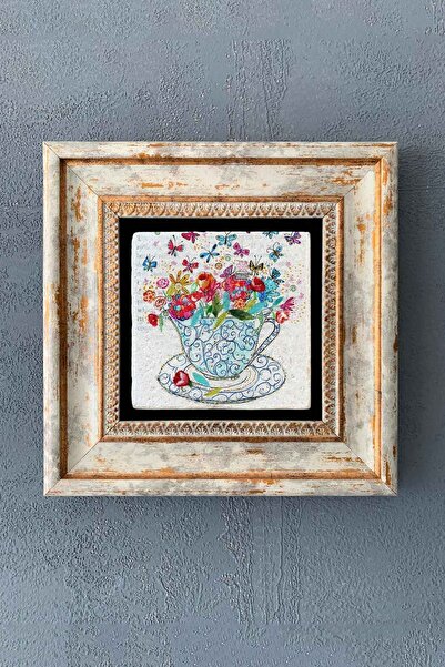 Oscar Stone Decor Çiçekli Fincan Çerçeveli Taş Tablo 20x20 Cm-wall Decor