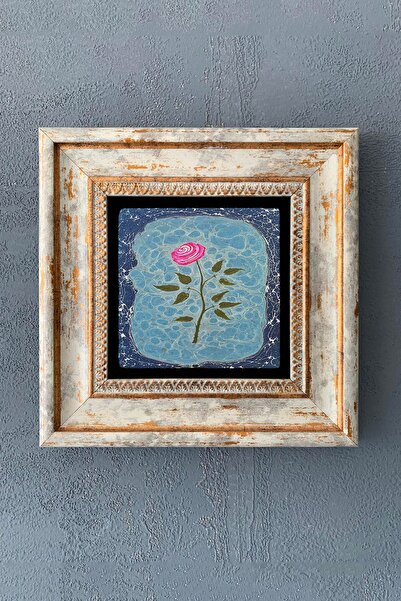 Oscar Stone Decor Ebru Desen Gül-çerçeveli Taş Tablo 20x20 Cm-wall Decor