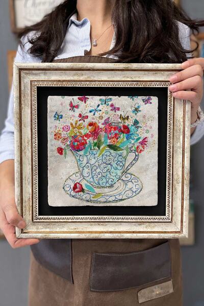 Oscar Stone Decor Çerçeveli Tablo Taş Duvar Dekoru 30 X 30 Cm Kelebek Ve Çiçe...
