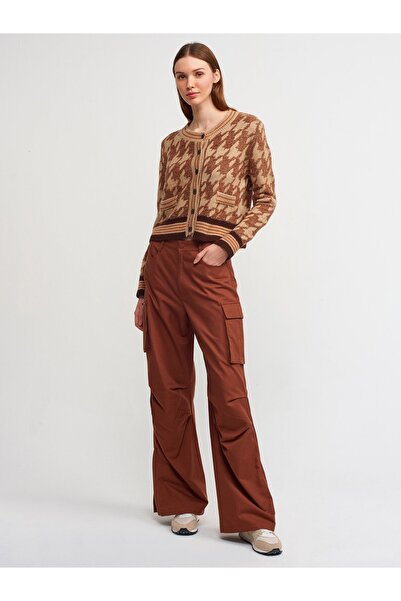 Dilvin Dark Beige Crew Neck and Ornamental Pocket Knitwear Cardigan