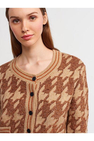 Dilvin Dark Beige Crew Neck and Ornamental Pocket Knitwear Cardigan