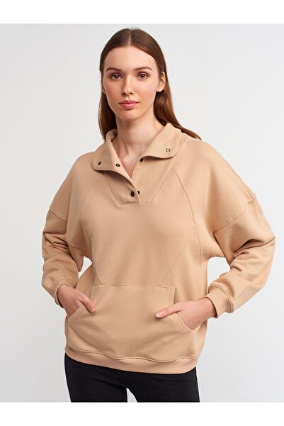 Dilvin 40107 Kargo Cep Oversize Sweatshırt-koyu Bej