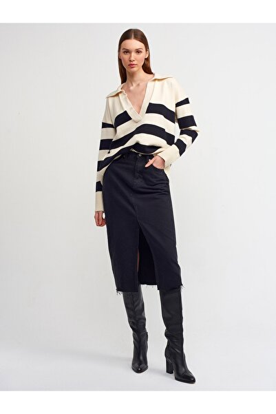 Dilvin 10325 Pulover cu dungi cu gât polo-crem-negru