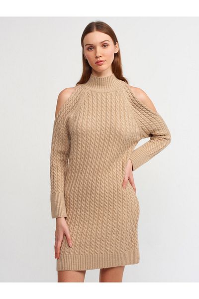 Dilvin 90131 Half Fisherman Off Shoulder Knitwear Dress-dark Beige