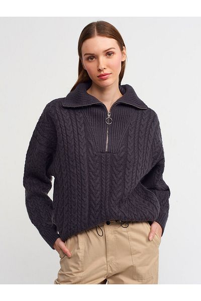 Dilvin Trucker Collar Zippered Sweater Smoked