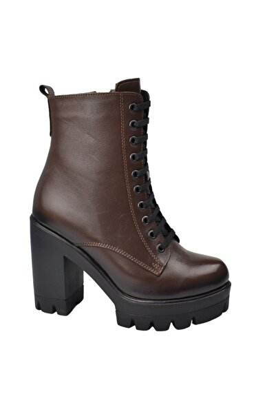 Impero Kahverengi Hakiki Deri Yüksek Kalın Topuklu Bot