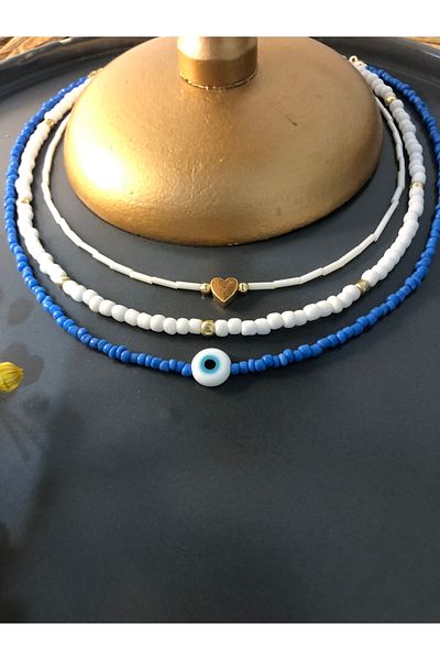 Stoneday Heart Evil Eye Beaded Gold Detailed Stick Sand Bead 3-Piece Necklace Set