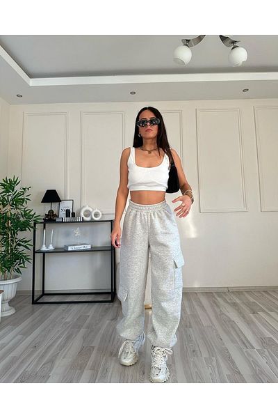 DeChival Μοντέρνο γυναικείο αθλητικό παντελόνι Jogger με πόδι και πλαϊνές τσέπες φορτίου / ανοιχτό γκρι