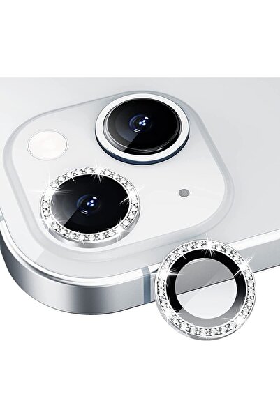 EDELFU Apple Iphone 13 Taşlı Tasarım Temperli Cam Kamera Lens Koruyucu - Gümüş