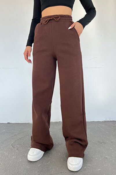 Eva Sunset Kadın Kahverengi Içi Polarlı Kışlık Yüksek Bel Bol Paça Eşofman Altı