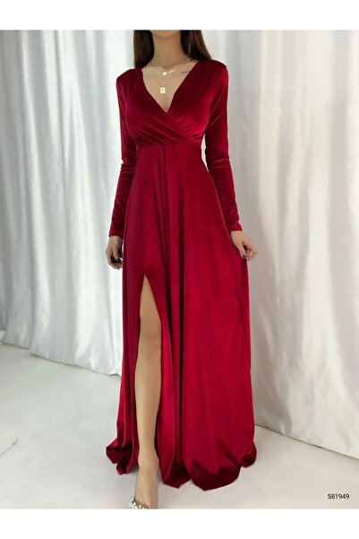 sarebutik Bordo Kruvaze Yaka Uzun Kollu Yırtmaçlı Maxi Boy Kadife Kumaş Abiye Elbise