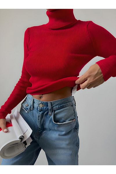 SELMAEMRE Bluză pulover cu talie înaltă roșie din bumbac Lycra
