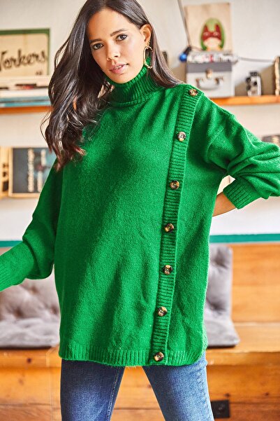 Olalook Γυναικείο πουλόβερ υπερμεγέθη με μαλακή υφή με κουμπιά σμαραγδένια πράσινα πλάγια KZK-19000536