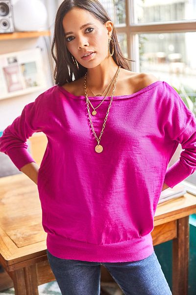 Olalook Pulover de damă, fucsia, cu gât de barcă, tricotaj casual TNK-19000057