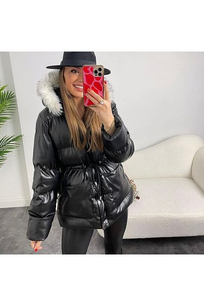 Class Damen-Foul-Füllung, aufblasbarer Taillengürtel, sitzende Tasche, Tasche, Kapuzenpullover, Leder-Wintermantel