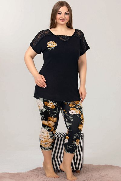 Jenny Daphne Lady Plus Size Floral Print Shoulder Lace Short-Sleeve Capri Pajamas Set 10588