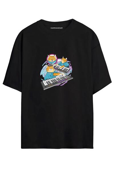 MELADYAN تي شيرت أسود كبير الحجم مطبوع عليه قطة دي جي للجنسين