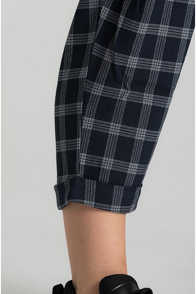 RUBYSTARS Navy Blue Elastic Waist Plaid Fabric Pocket Pleated Leg Detailed Shalwar Trousers