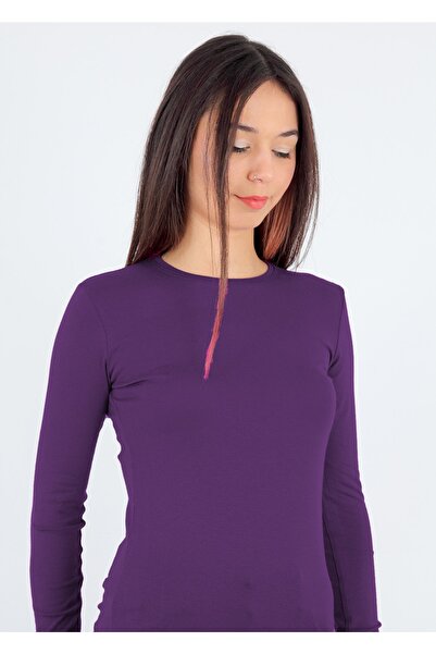 LEN10 Bisiklet Yaka Uzun Kollu Mor Badi
