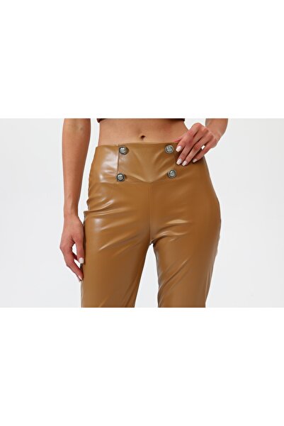 OUZ Fashion Kadın Suni Deri Dört Düğmeli Pantolon