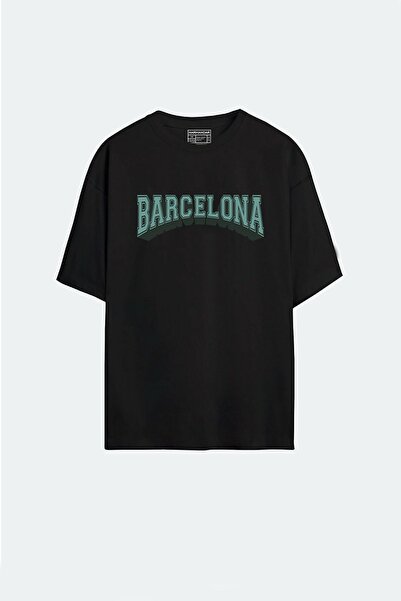 MELADYAN تي شيرت أسود كبير الحجم مطبوع عليه برشلونة للجنسين