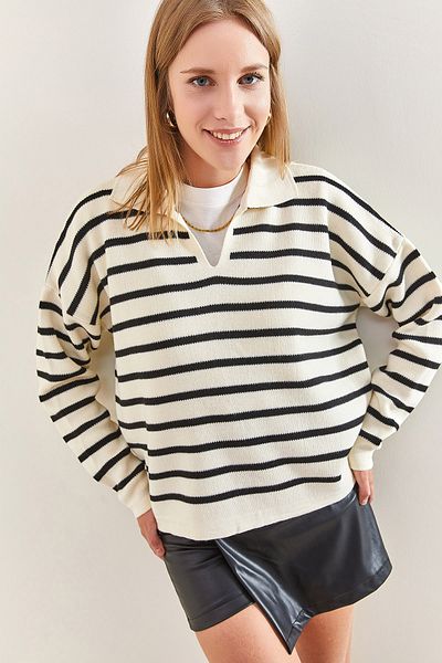 Bianco Lucci Pulover oversize tricot cu dungi cu gât polo de damă