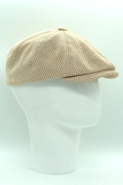 Hoppe Winter Stamped Wool Beige Herringbone Patterned 8-Piece Irish Style Peaky Blinders Cap Hat