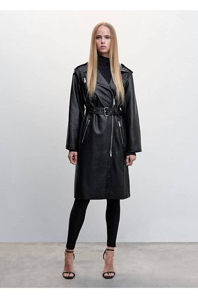 MANGO Woman Zippered Leather Look Trench Coat