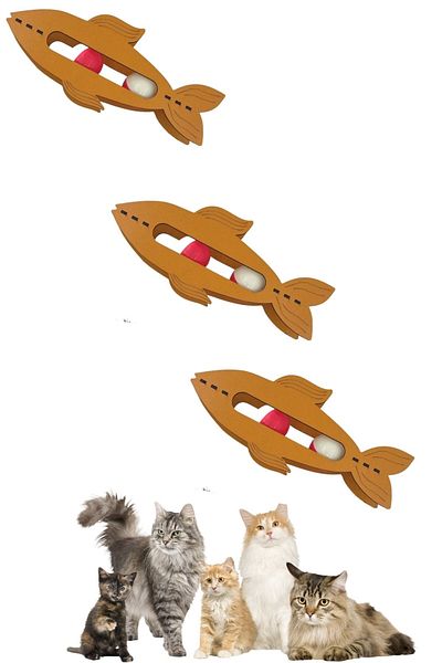Buffer ® 3Pcs Wooden 2 Ball Slanted Cute Fish-shaped Educational Toy For Cats