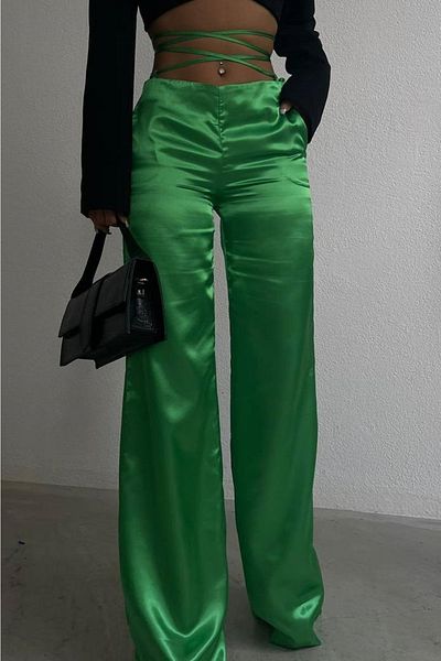 lovebox Women's Green Waist Laced Satin Trousers 9586