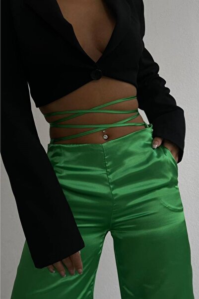lovebox Dámské zelené saténové kalhoty s krajkou v pase 9586