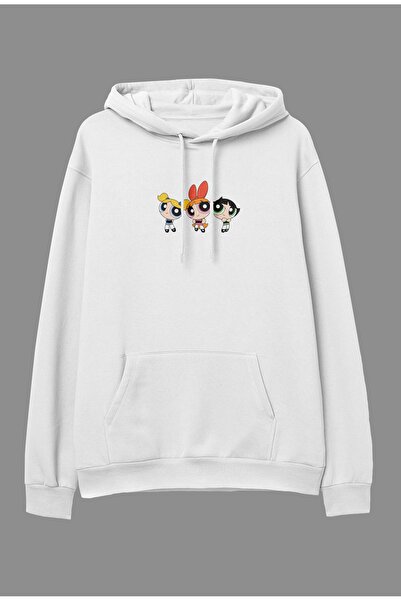 YQYQ Υπερμεγέθης φούτερ με κουκούλα με στάμπα Powerpuff Girls, λευκό