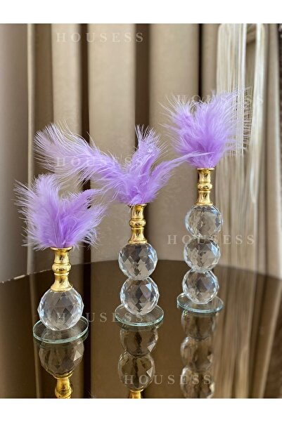 Housess 3'lü Lila Tüylü Gold Kristal Top Tüylük Dekor Biblo Süs