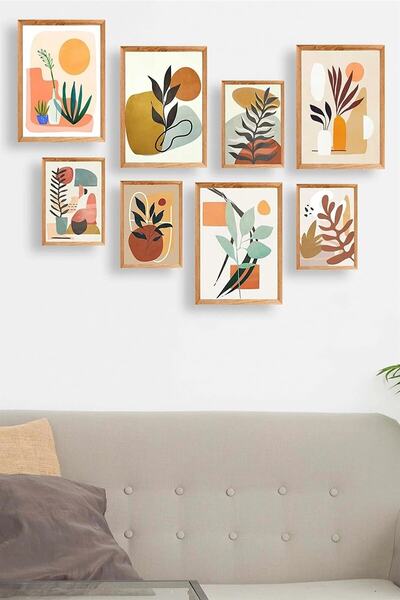 NT Handmade 8 Parça Ahşap Çerçeve Görünümlü Bohem Yapraklar Duvar Dekoru Salo...