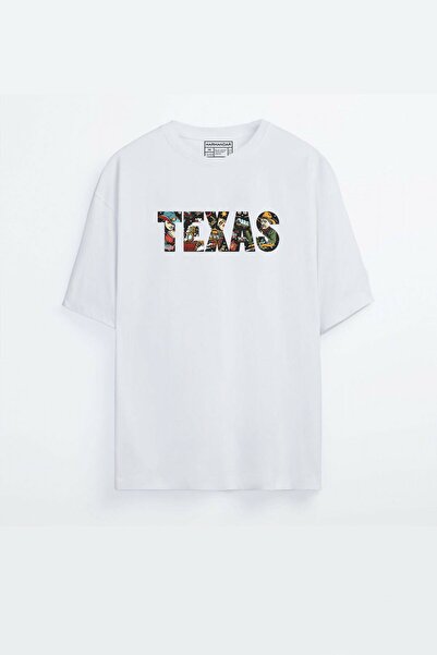 MELADYAN Harmandar - تي شيرت أبيض كبير الحجم مطبوع عليه تكساس للجنسين
