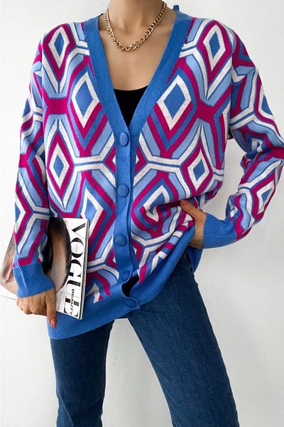 FEMELLE Cardigan tricotat cu decolteu în V de damă, mărime standard, cu model geometric