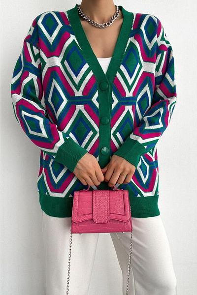 FEMELLE Cardigan tricotat cu decolteu în V de damă, mărime standard, cu model geometric