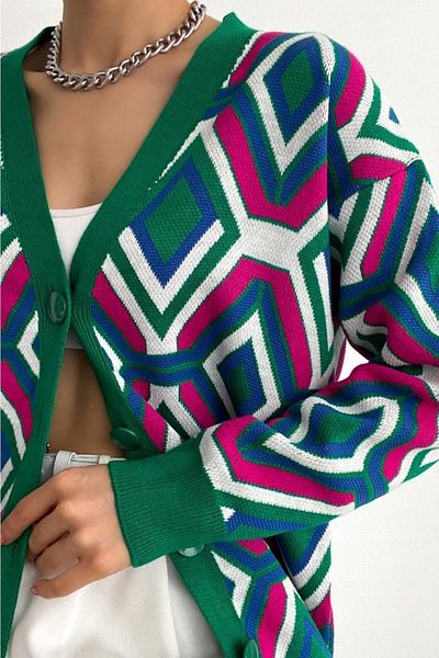FEMELLE Cardigan tricotat cu decolteu în V de damă, mărime standard, cu model geometric