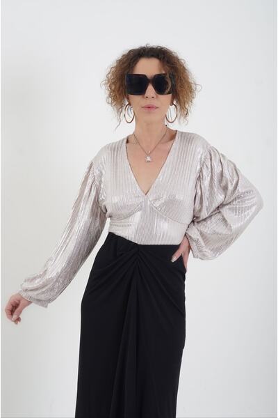 Zelish My Sister Taş Geniş Kol Arkadan Bağlamalı Işıltılı Crop Bluz