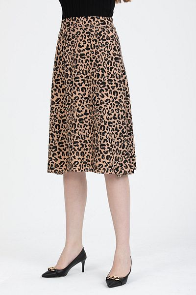 Gül Moda Flared Midi Skirt with Elastic Waist Leopard Pattern G102-3