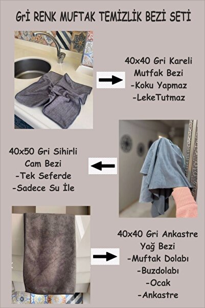 Manosta Gri Mutfak Temizlik Bezi 3'lü Set - Kareli Mutfak Bezi-sihirli Cam Bezi- Ankastre Yağ Bezi