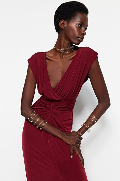 Trendyol Collection Burgundy Lined Long Evening Dress with Knitted Piping TPRSS22AE0034