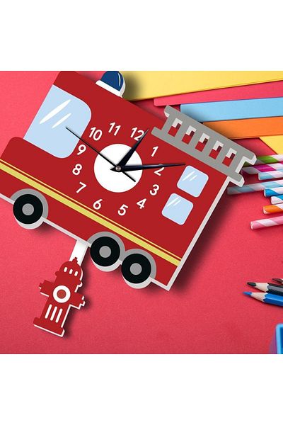 CajuArt Wooden Swinging Pendulum Fire Truck Children's Wall Clock